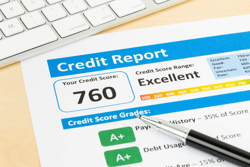 A credit report shows an excellent credit score of 760. 